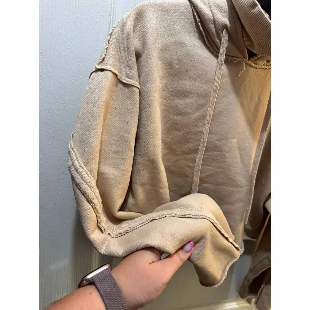 Alo Yoga Effortless Crop Hoodie Funnel Neck Taupe Raw Edge Est Large
